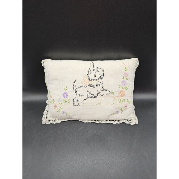 Vintage Hand Embroidered Scottish Terrier Scottie Dog Toss Pillow 12x8" Lace - Picture 8 of 11
